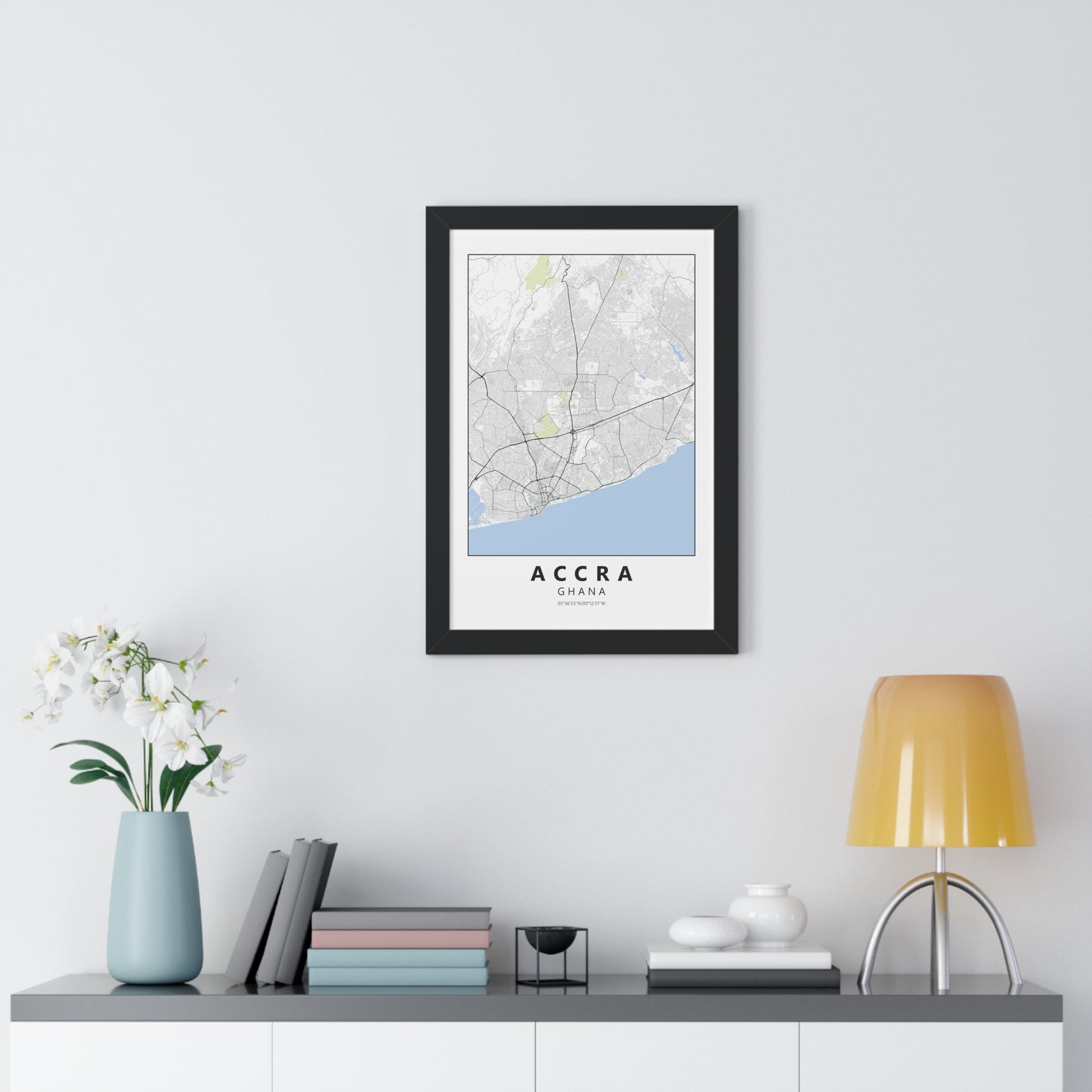 Modern Accra City Map — Framed Vertical Poster
