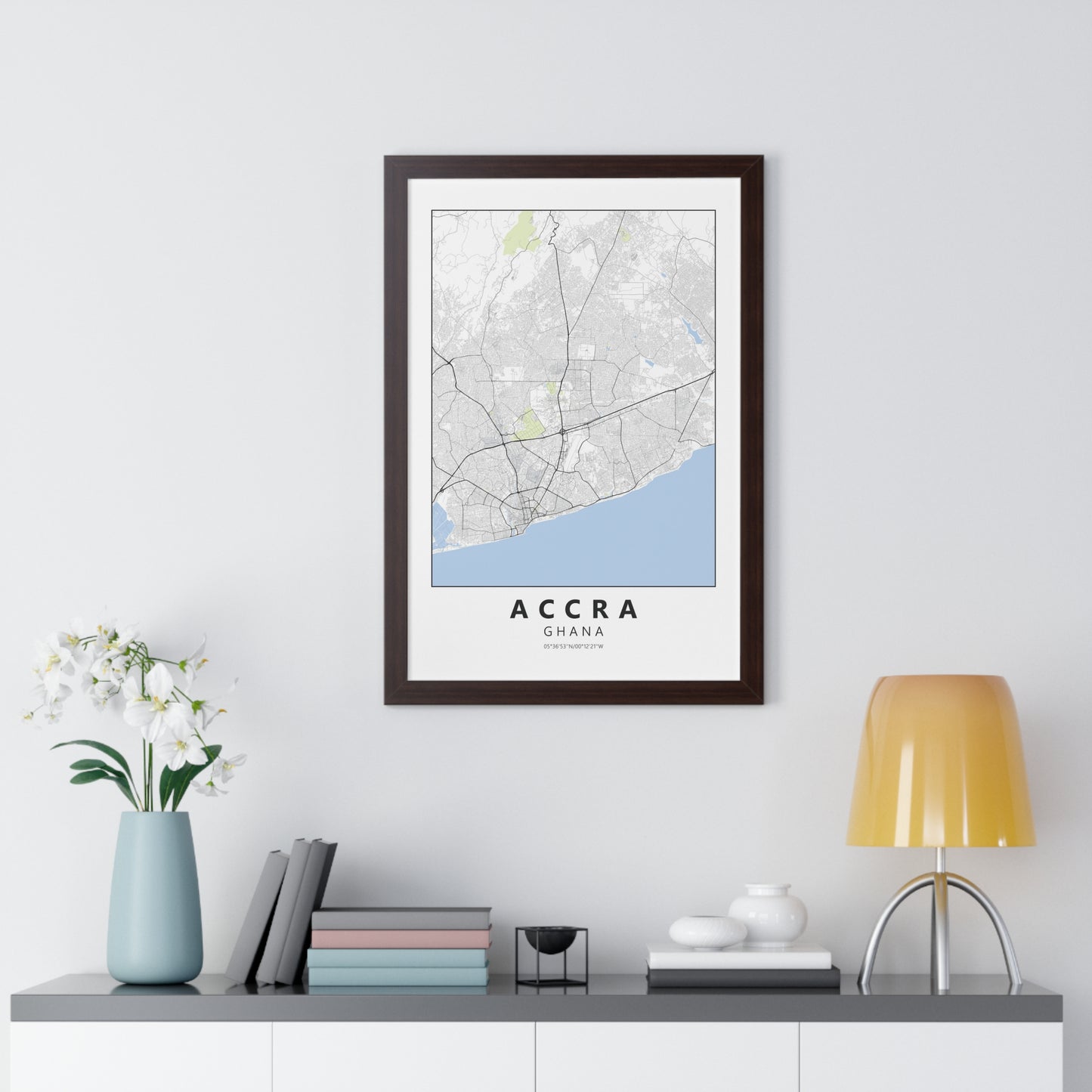 Modern Accra City Map — Framed Vertical Poster