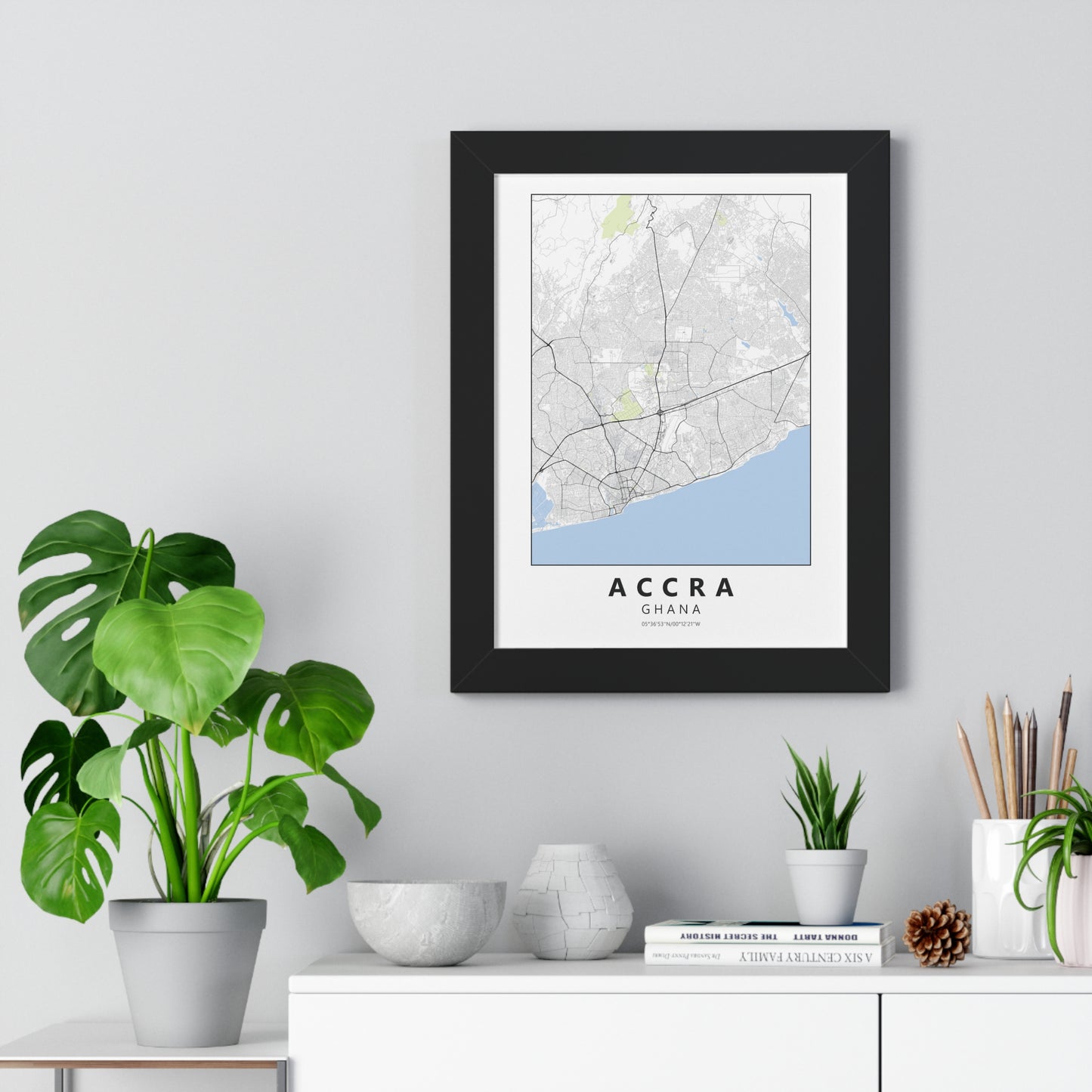 Modern Accra City Map — Framed Vertical Poster