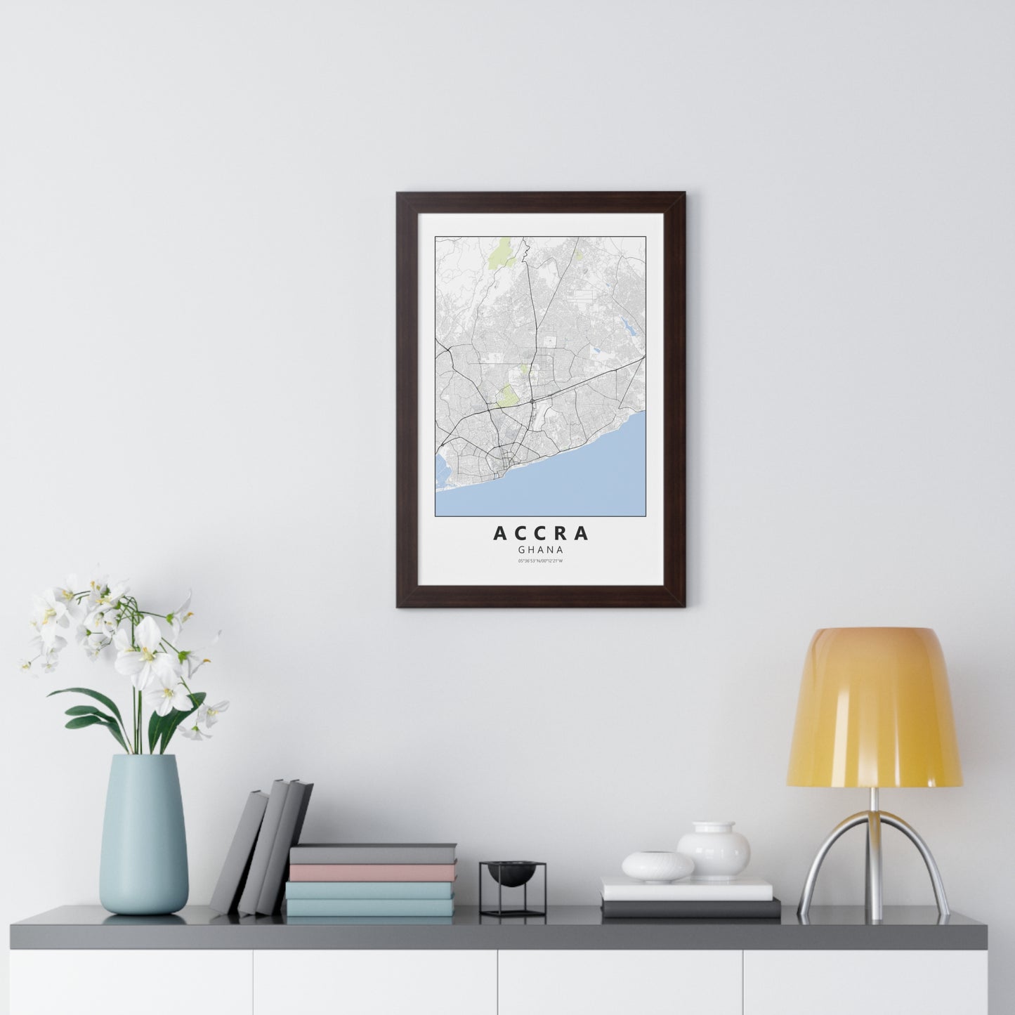 Modern Accra City Map — Framed Vertical Poster