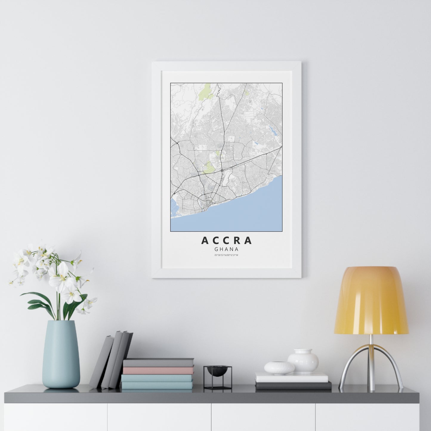 Modern Accra City Map — Framed Vertical Poster