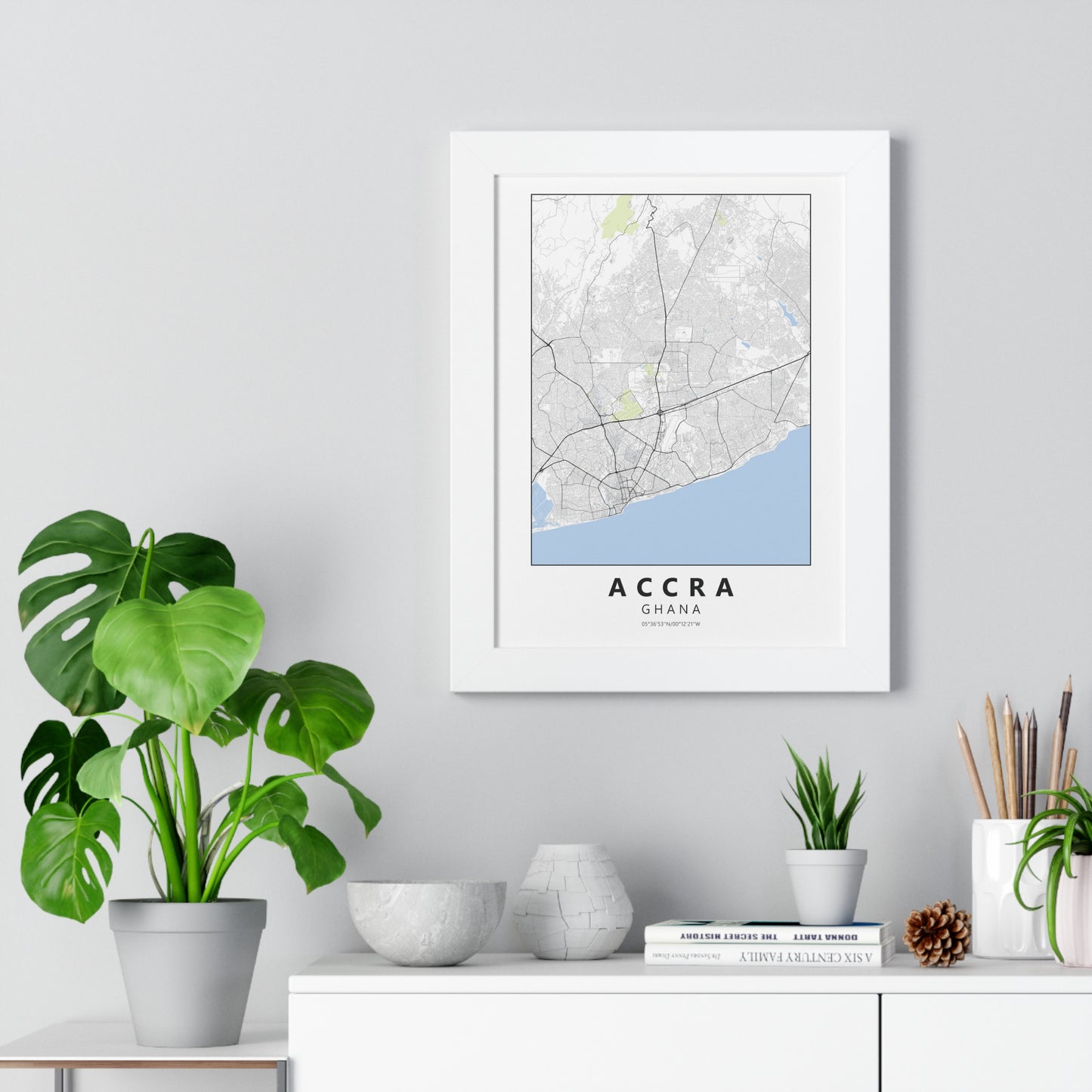 Modern Accra City Map — Framed Vertical Poster