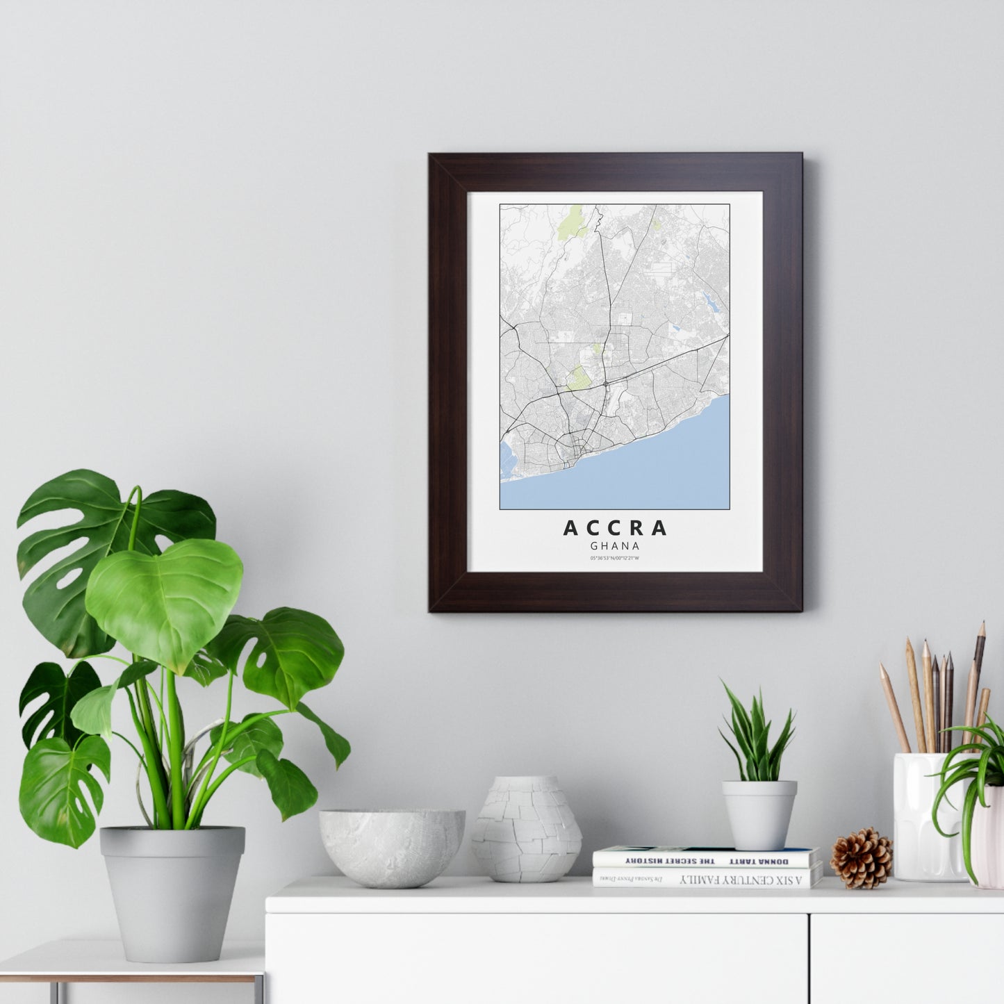Modern Accra City Map — Framed Vertical Poster