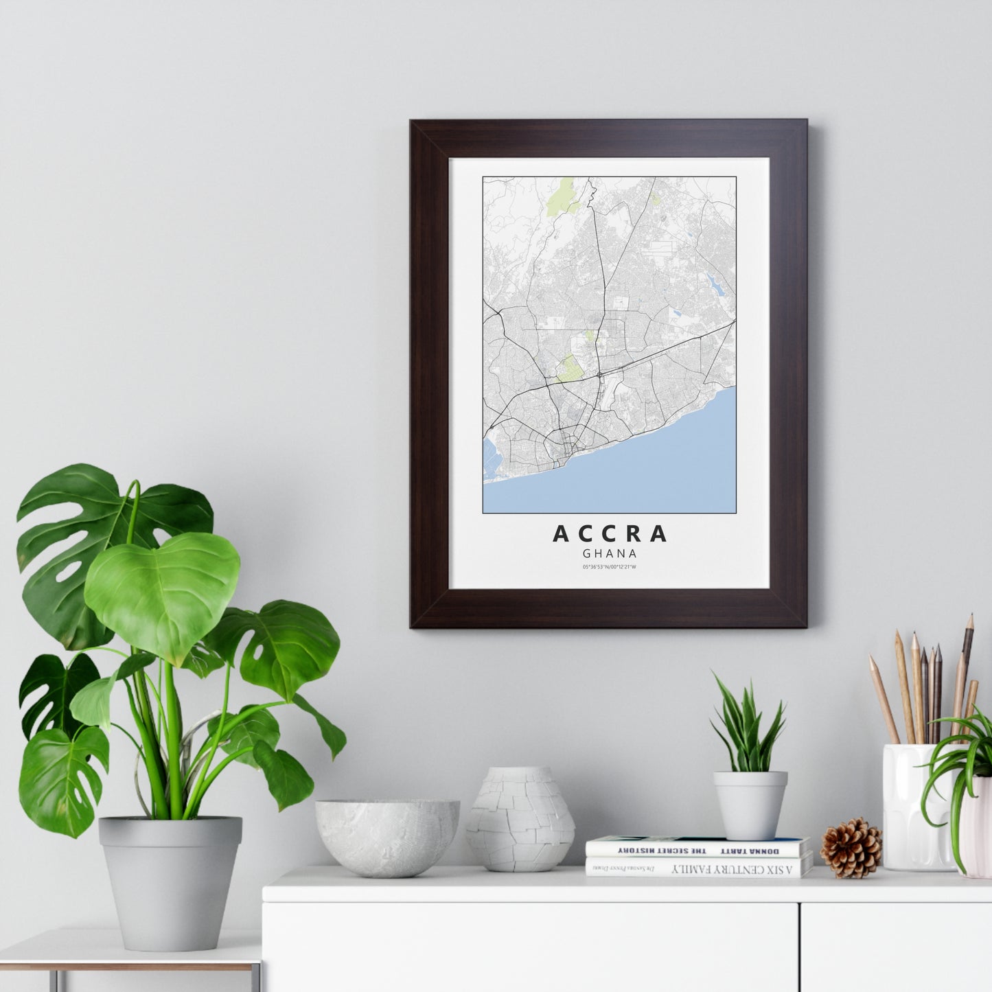 Modern Accra City Map — Framed Vertical Poster