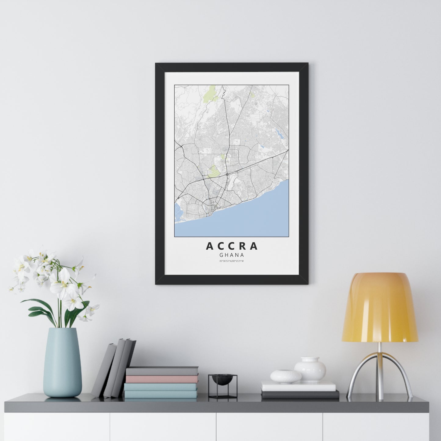 Modern Accra City Map — Framed Vertical Poster