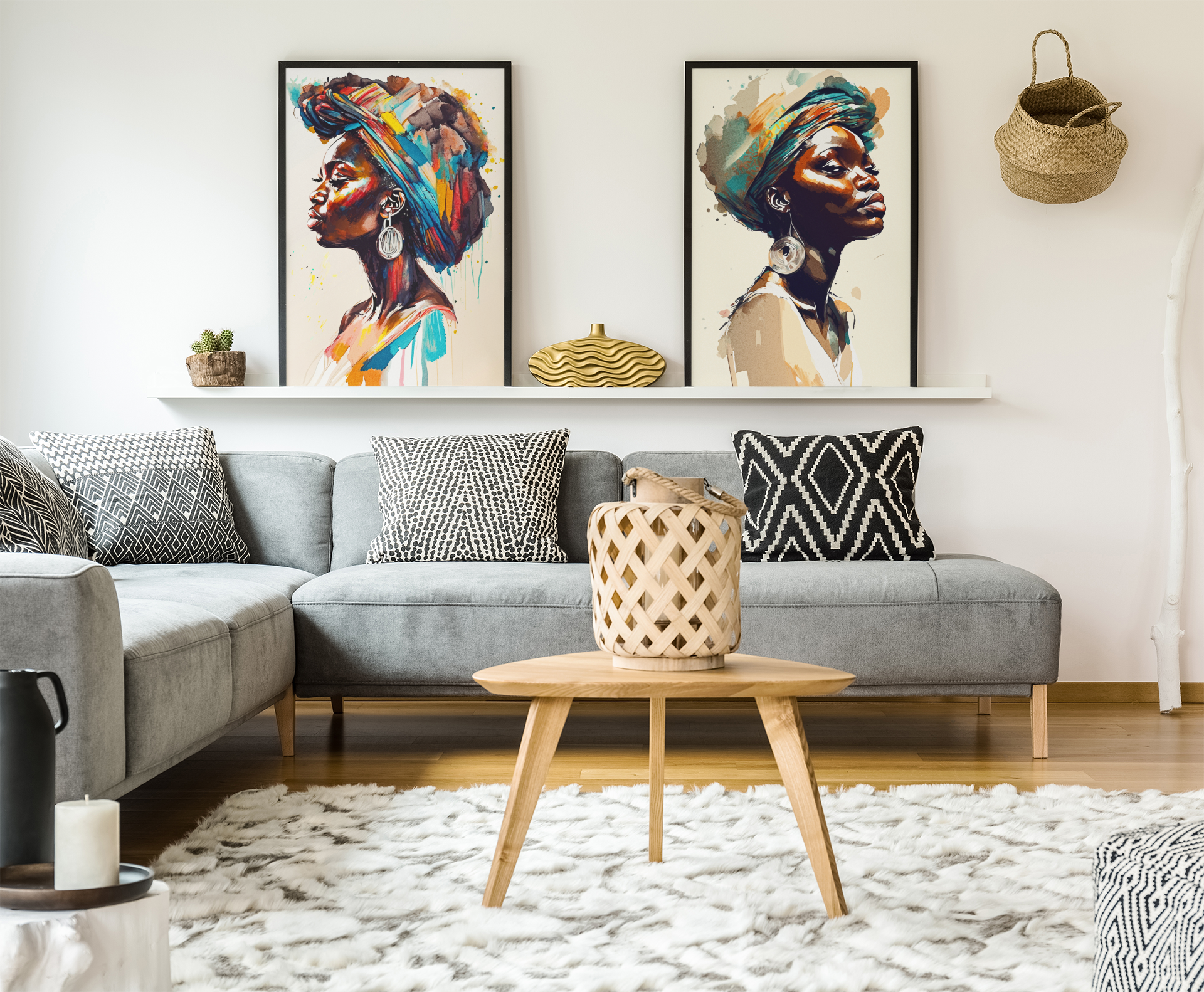 Living room with a gray sofa, wooden coffee table, and colorful wall art.